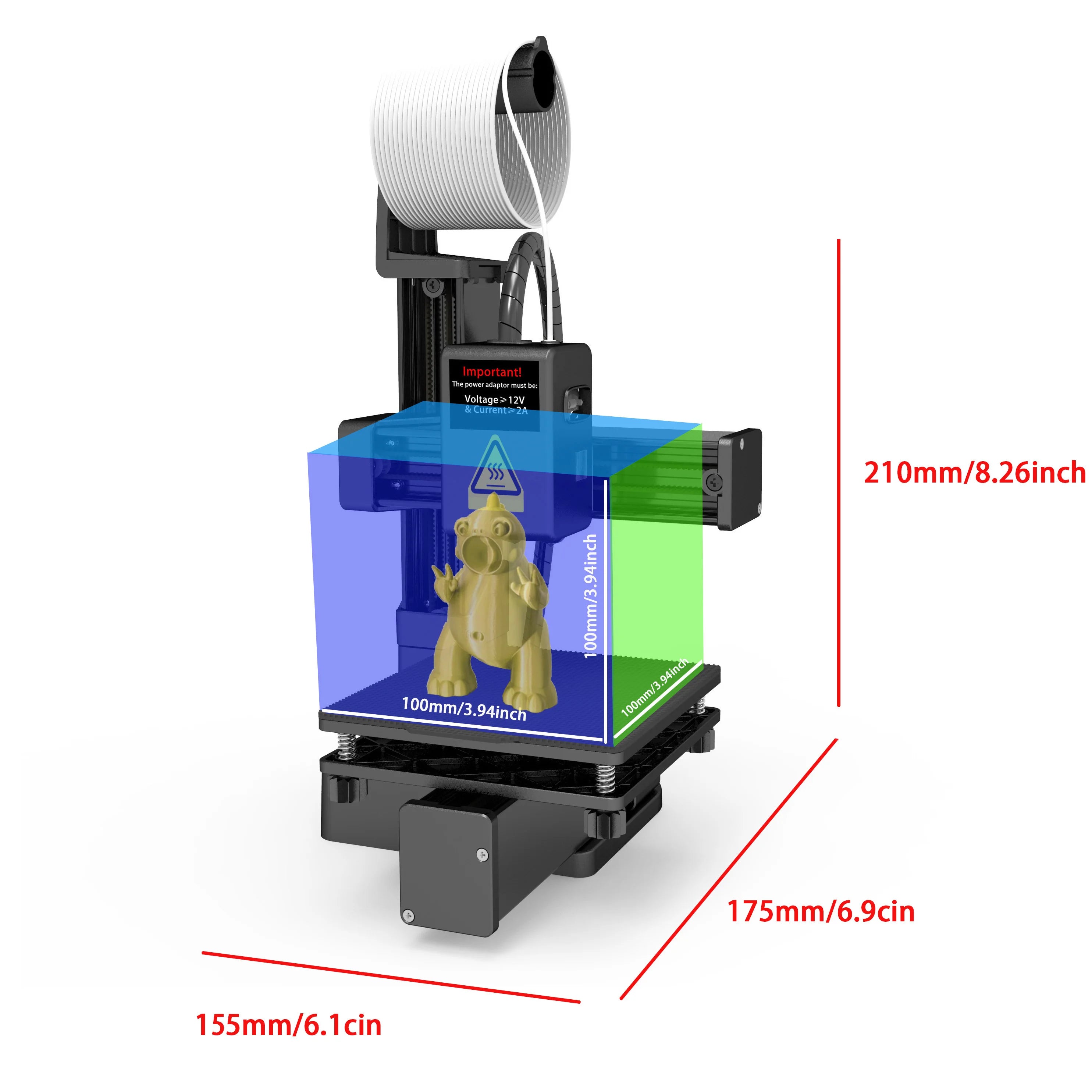 Entry-Level 3D Printer – PLA & TPU 1.75mm Filament Compatible, 100×100×100 mm (3.94×3.94×3.94 in) Build, Includes 12V Power Adapter