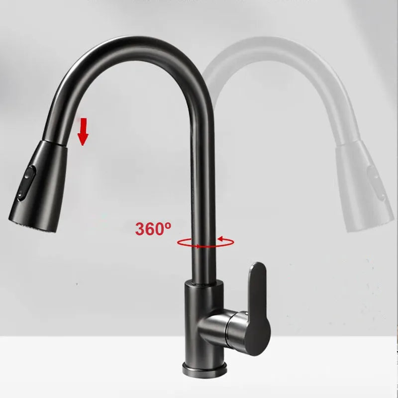 360° Rotating Telescopic Pull-Out Kitchen Faucet - Brushed Nickel, Single-Handle Deck Mount