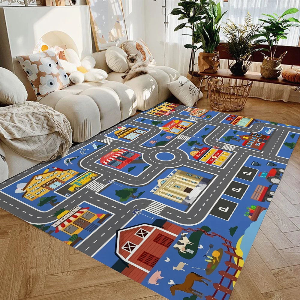 Kids Traffic Play Mat Rug — Non-Slip Highway Car Playmat for Boys & Girls, Flannel Play Rug for Playroom (40x60–120x160 cm / 16x24–47x63 in)