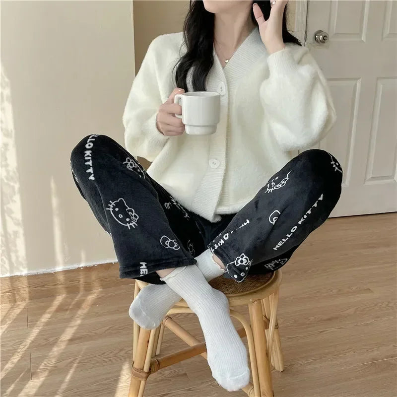 Hello Kitty Flannel Pajama Pants – Kawaii Cartoon Velvet Lounge Pants for Girls & Women, Fall Winter Home