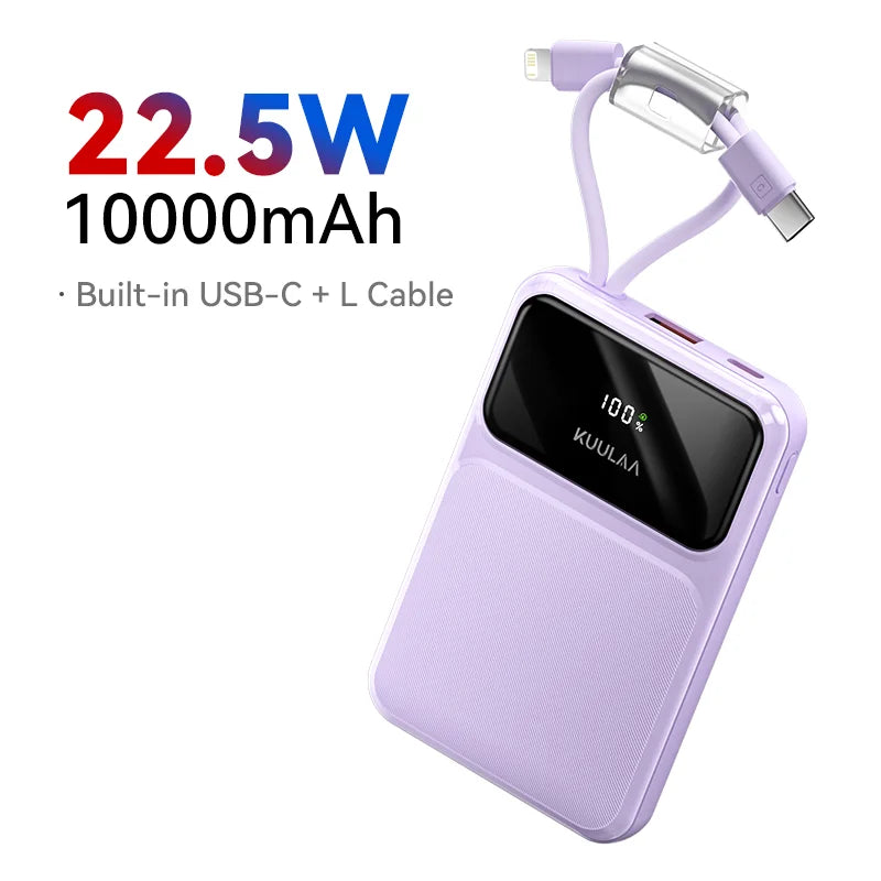 10000mAh 22.5W Fast Charging Portable Power Bank — Built-in USB-C & Lightning Cables, Digital Display, 4-Device Output