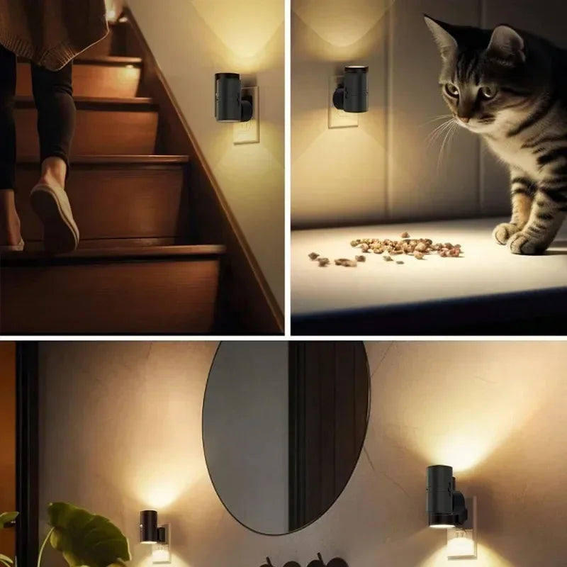 Cylindrical LED Plug-In Night Light with Sensor, Dimmable Adjustable Brightness — Warm White & RGB Wall Lamp for Bedroom Hallway