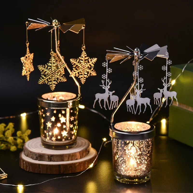 Rotating Tea Light Candle Holder Carousel Stand 6.7x3.1in (17x8cm) Metal Spinning Candlestick Gold Silver Home Party Christmas Decor Gift