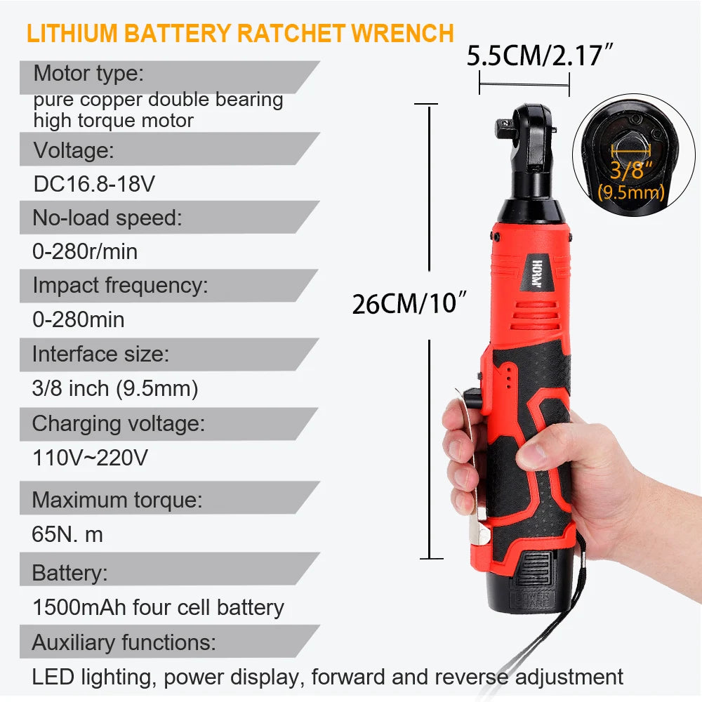 Cordless 3/8 in (9.5 mm) Right-Angle Ratchet Wrench — 18V Rechargeable, 65 N·m Torque for Car Repair