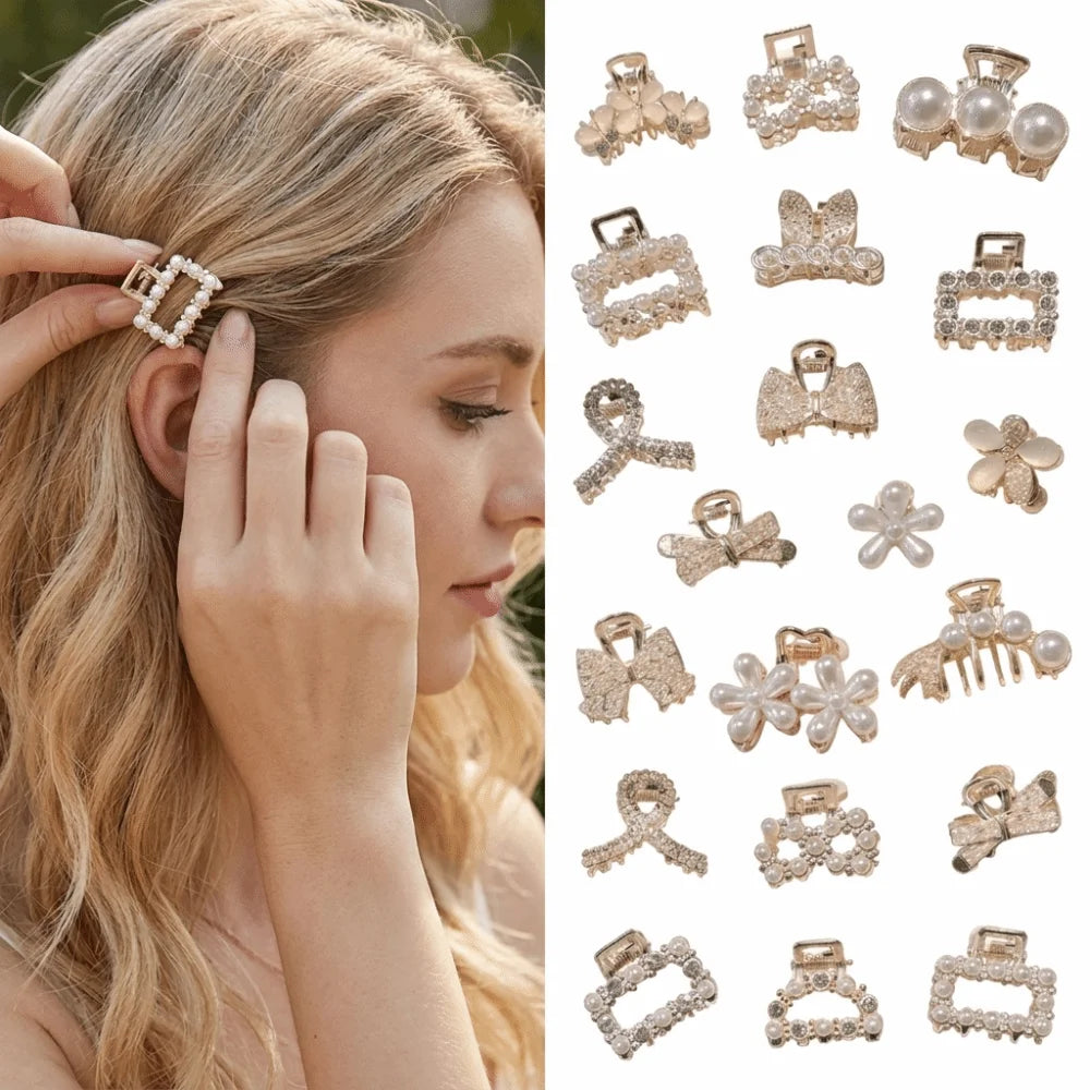 10/20 Pack Gold Mini Metal Hair Claw Clips with Rhinestones, Assorted Shapes Decorative Barrettes for Side Bangs & Thin Hair