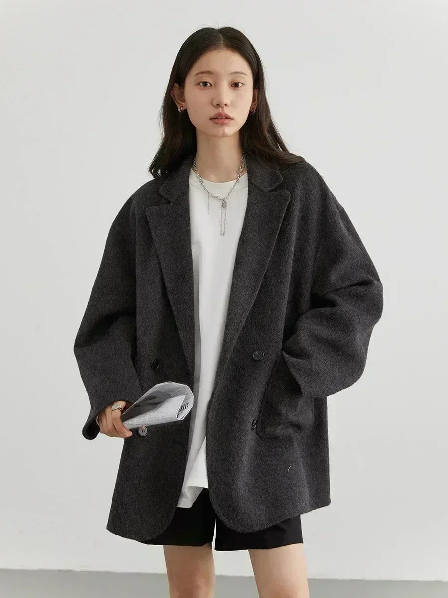 Women's Wool Blend Double-Sided Coat Loose Retro Double-Breasted Office Outerwear for Autumn Winter