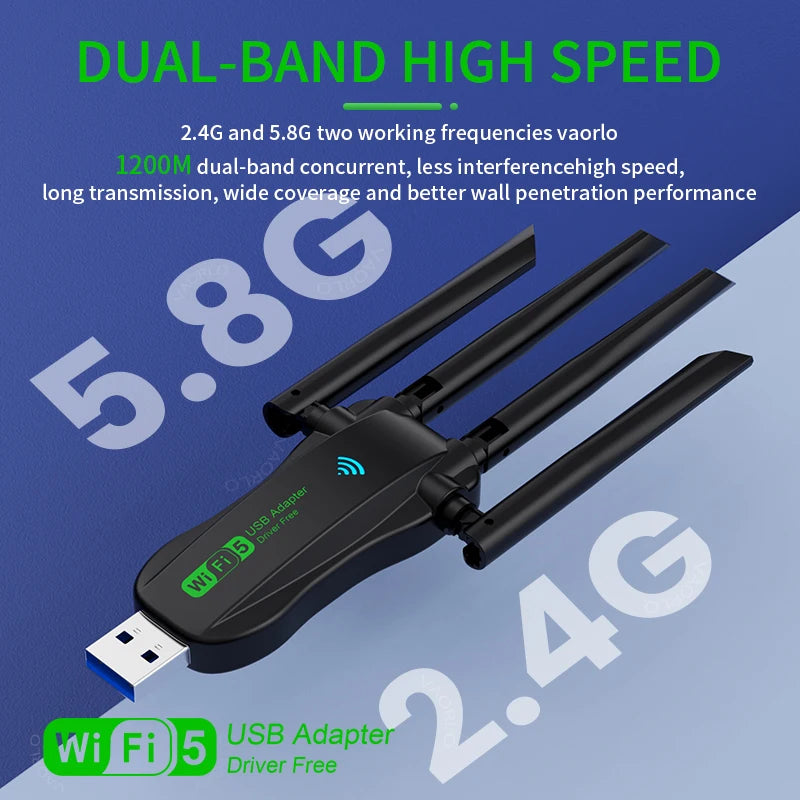 Dual-Band 1200Mbps USB 3.0 WiFi Adapter with 4 Antennas — 2.4/5GHz Wireless Dongle for PC & Laptop (Windows Compatible)