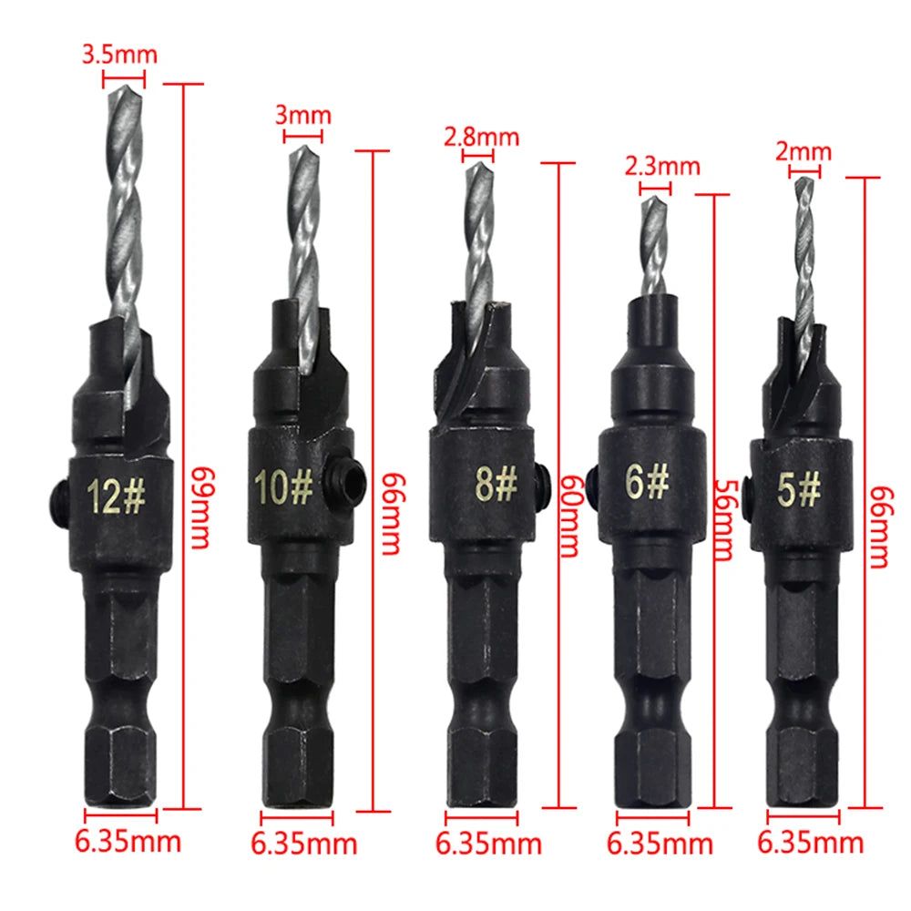 5pc Hex Shank Countersink & Taper Drill Bit Set for Wood (56–69mm) – Screw Hole Opener & Reamer