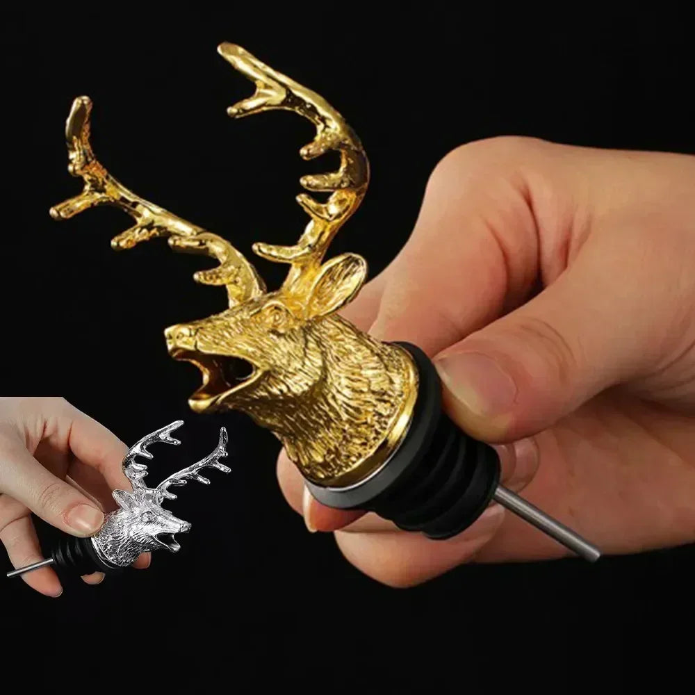 Deer Head Wine Pourer & Stopper - Stainless Steel Bottle Pour Spout for Wine & Champagne, Bar Accessory (Silver/Gold)