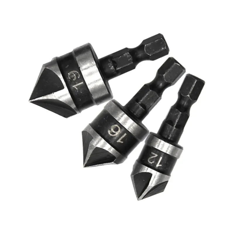 3-Piece 90° Five-Blade Countersink Bit Set - Hex Shank 12/16/19mm (1/4 in / 6.35mm) for Wood