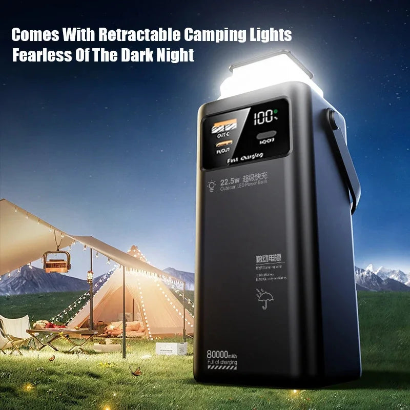 80000mAh Portable Power Bank 120W Max - Built-In Cables & Foldable Flashlight, Large Capacity Emergency Charger for iPhone Samsung