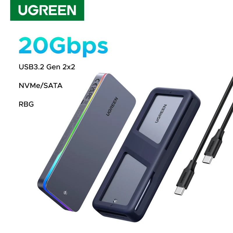 20Gbps M.2 NVMe/SATA SSD Enclosure - USB 3.2 Gen2x2 Type-C External Adapter with RGB Lighting