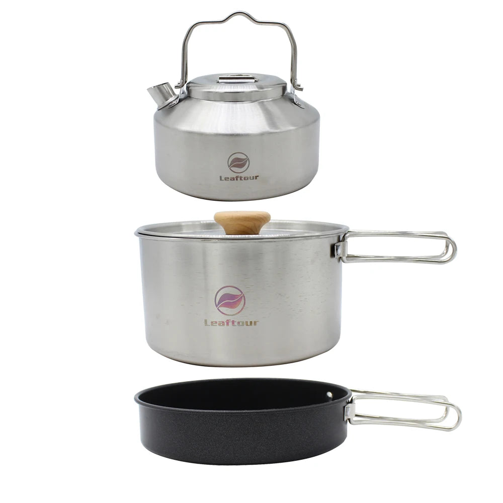 Stainless Steel Camping Cookware Set – Kettle, Pot & Pan for 2–3 People, Portable Outdoor Cooking