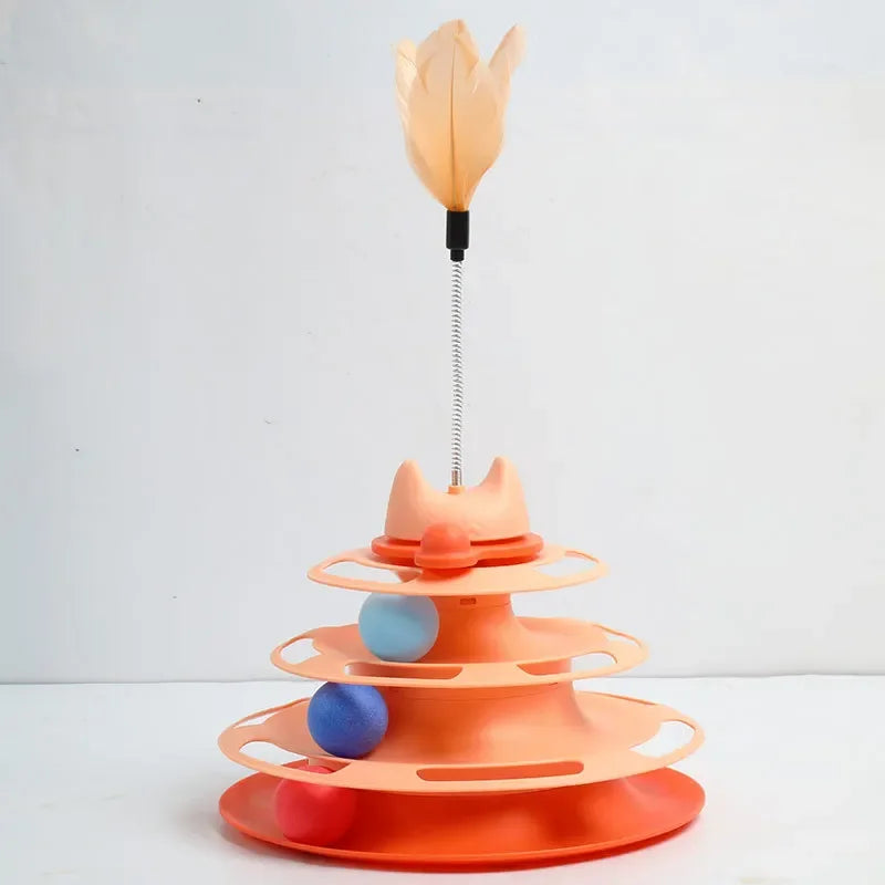 Interactive Triple-Play Cat Toy — Spinning Disc with Rolling Balls Puzzle Chase Toy for Cats (Pink, Blue, Green, Orange)