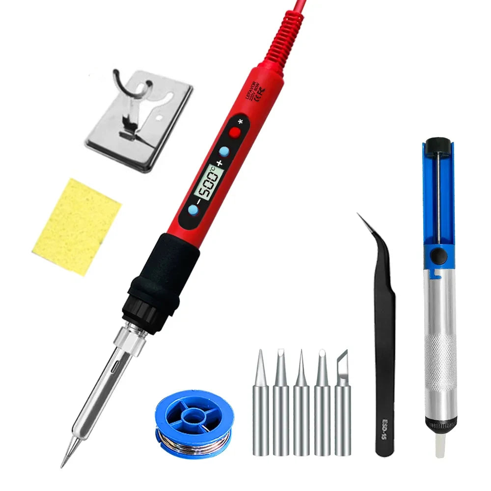 80W Adjustable Temperature Soldering Iron Kit with LCD, Ceramic Heater, Soldering Tips, Tweezers & Solder Wire
