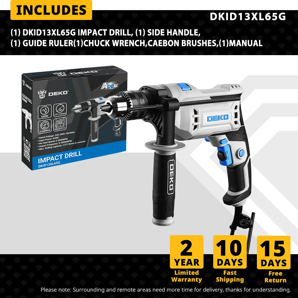 Professional Impact Drill 650W 220V 2-Function Drill & Screwdriver 0-3000 RPM