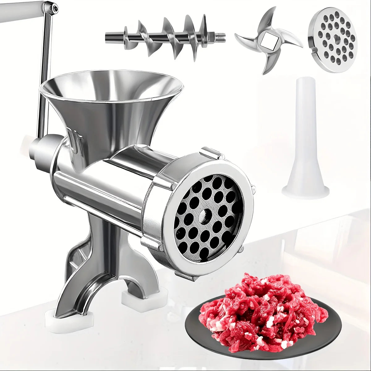 Manual Stainless Steel Meat Grinder Hand Crank with Table Clamp - Multipurpose Food Processor for Meat, Vegetables & Sausage Stuffer