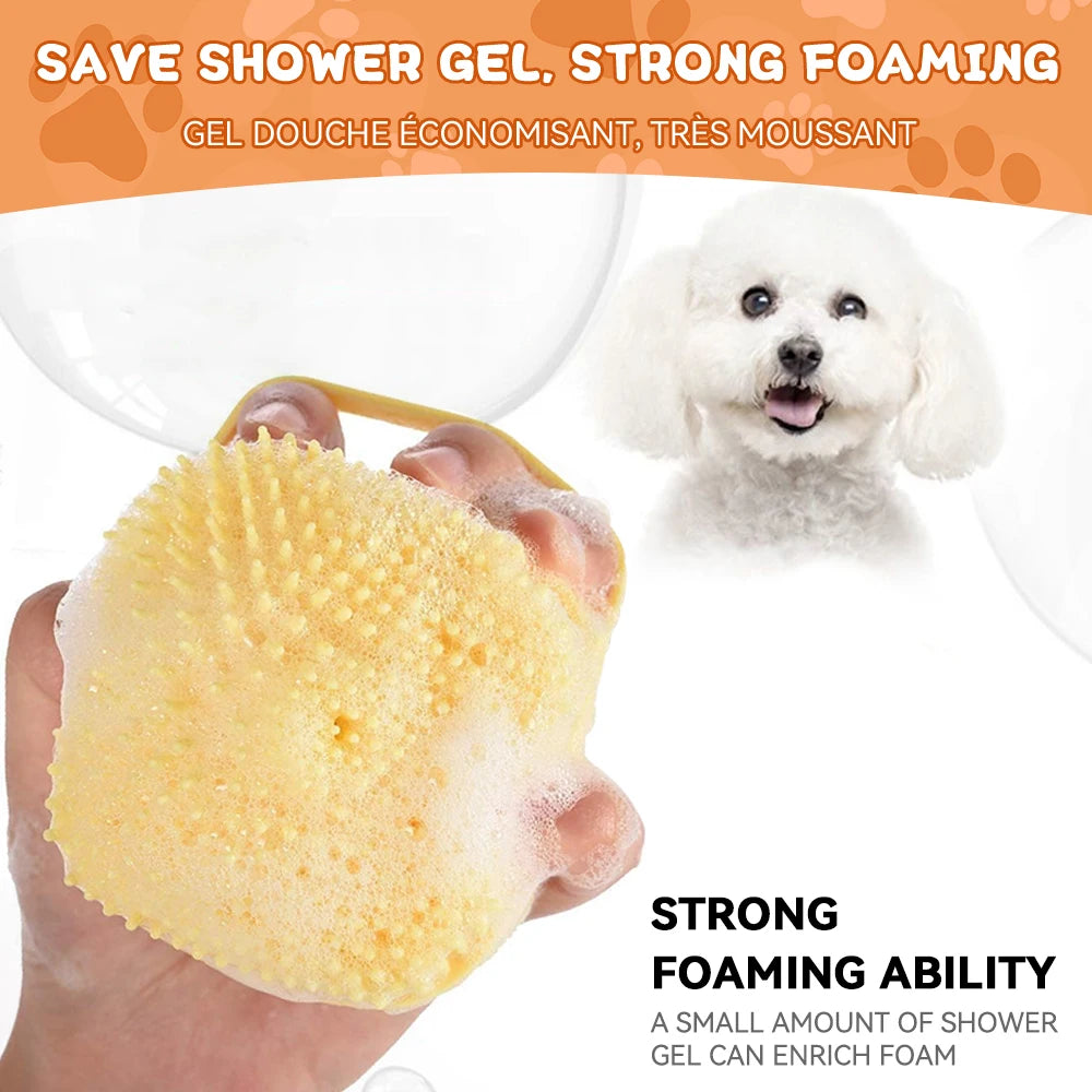 Dog & Cat Silicone Bath Brush with Shampoo Dispenser — Soft Rubber Bristles for Grooming & Massage