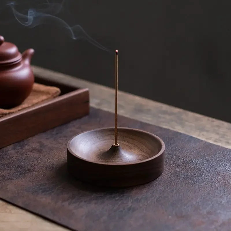 Black Walnut Solid Wood Incense Burner - Handmade Round Incense Stick Holder & Agarwood Tray for Tea Ceremony Home Decor