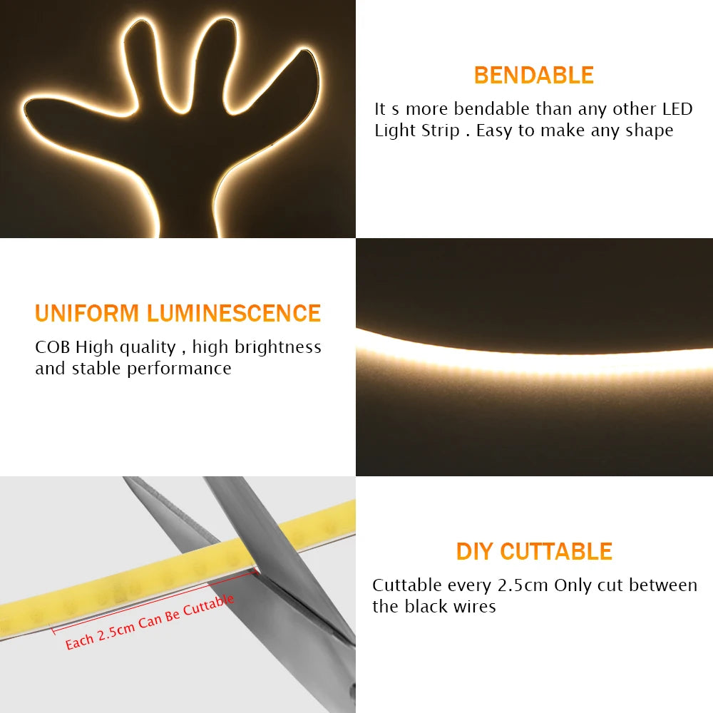 COB High-Density Flexible LED Strip Light – 320/384/480/528 LEDs/m, DC 5V/12V/24V, 3mm/5mm/8mm PCB Tape Light