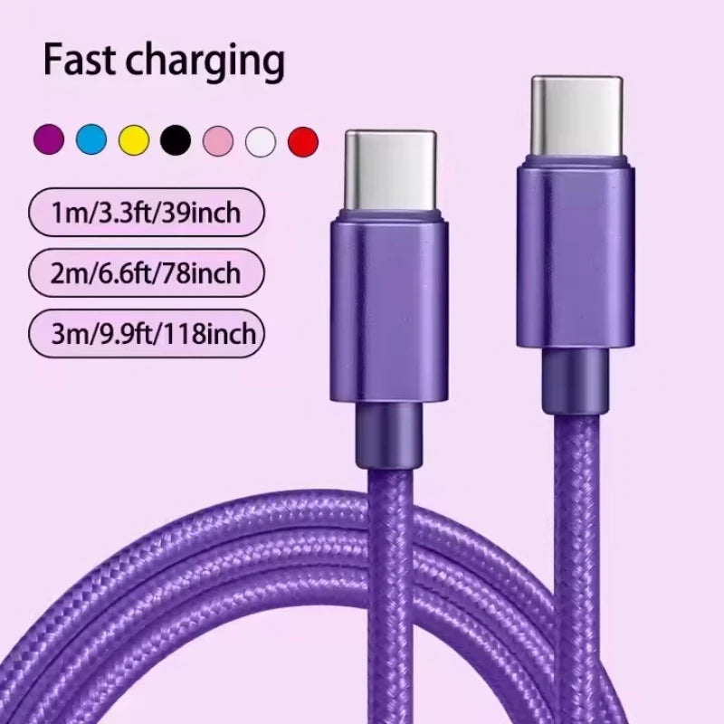 66W 5A Nylon USB-C to USB-C Fast Charging Cable — 1m/3.3ft, 2m/6.6ft, 3m/9.8ft | Braided PD Quick Charge for USB-C Devices