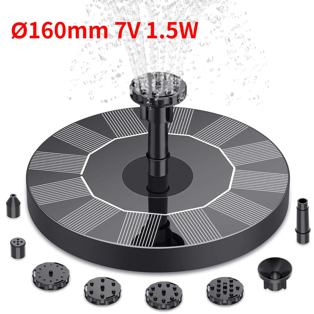 Solar Fountain Pump Kit for Garden Pond & Bird Bath — 1W, 1.5W, 2.5W with 6 Interchangeable Nozzles