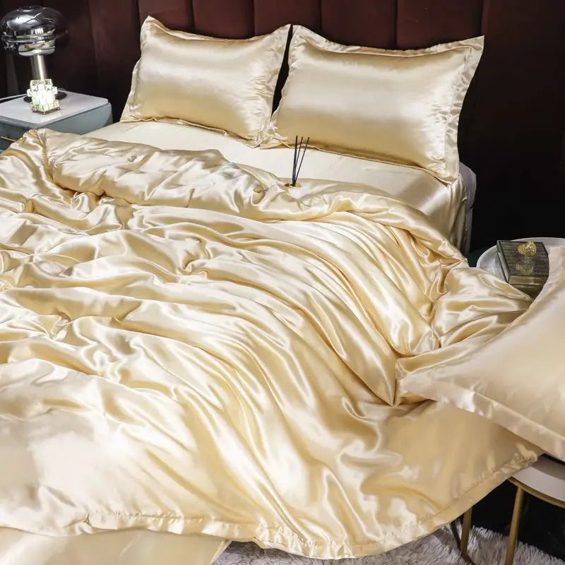 Ice Silk Satin 4-Piece Duvet Cover Set – Silky Solid Color Bedding (Duvet Cover + 2 Pillowcases + Sheet), Fits 1.5–2.2 m (5–7 ft) Beds