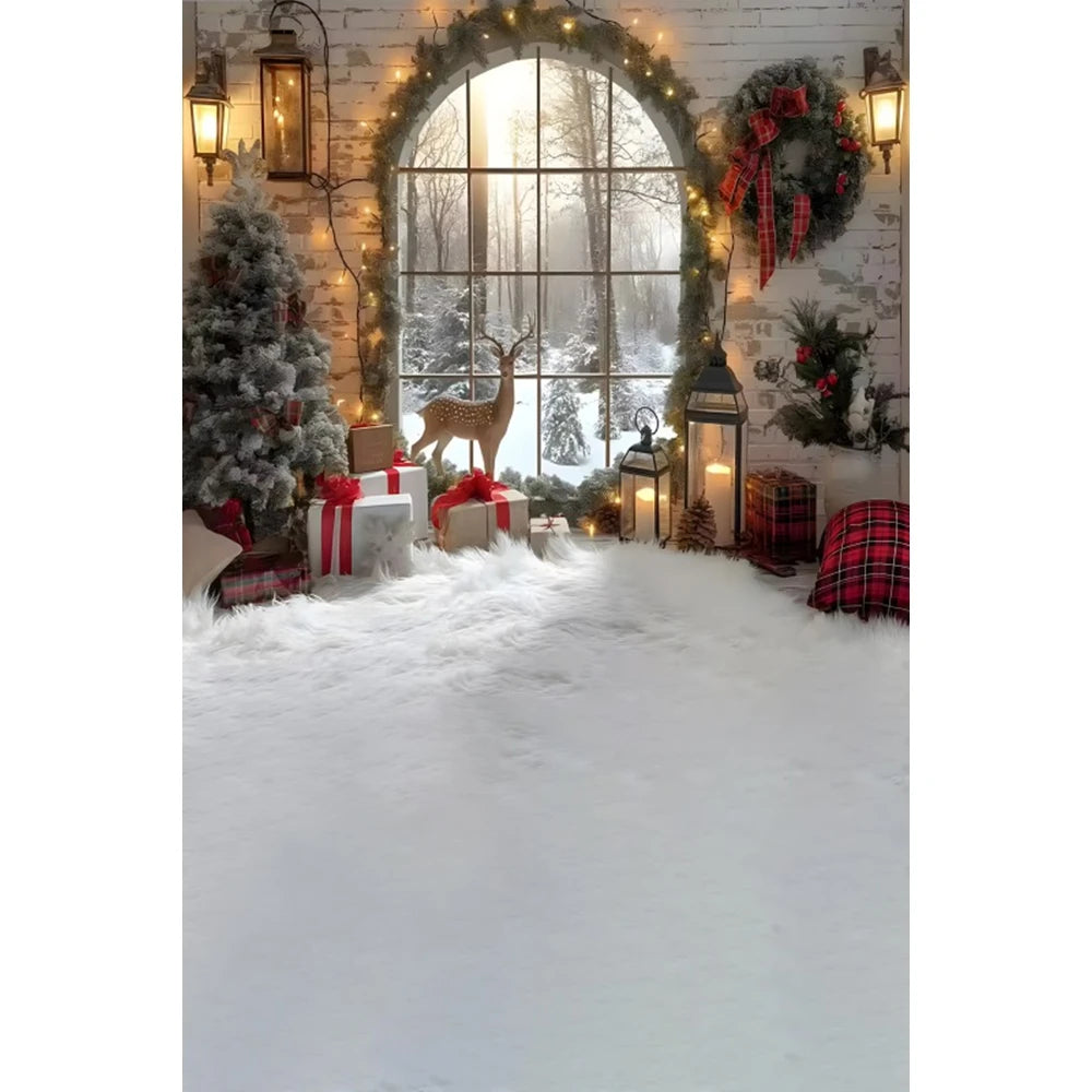 Christmas Photography Backdrop - Santa, Tree & Fireplace Winter Snow Wood Floor Portrait Background