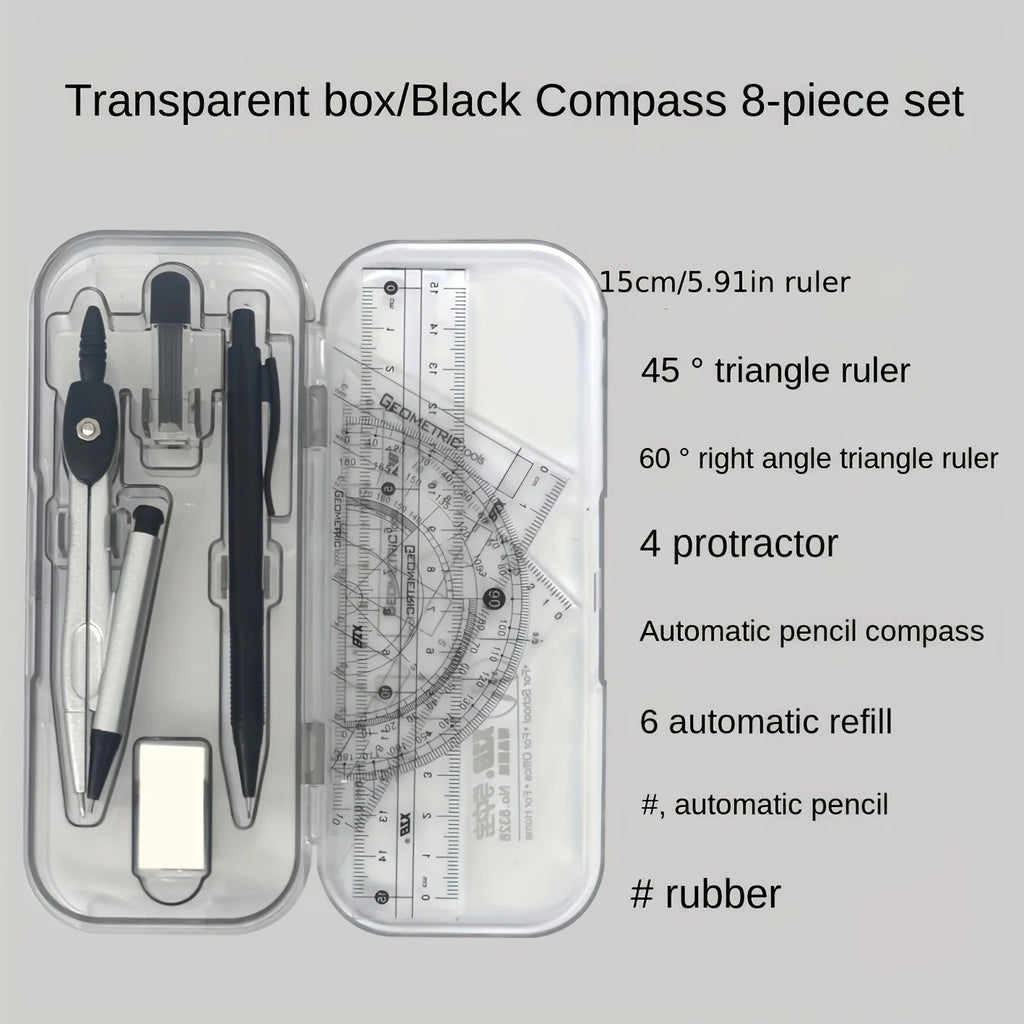 8-Piece Geometry Drawing Set for School — Compass, Mechanical Pencil, Protractor, Ruler & Tripod with Storage Case
