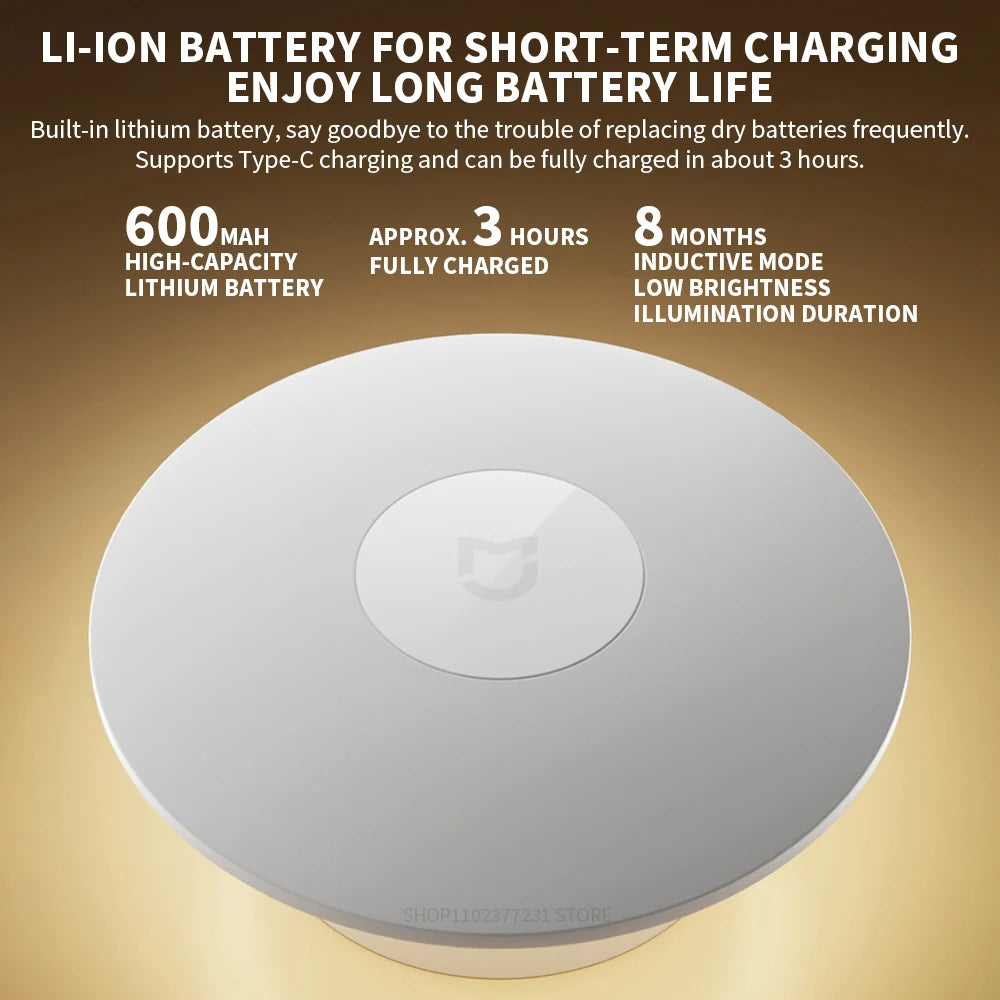 Rechargeable Infrared Motion LED Night Light – Magnetic Base, USB-C, Adjustable Brightness, 3.7 in (95 mm), Warm 2700K