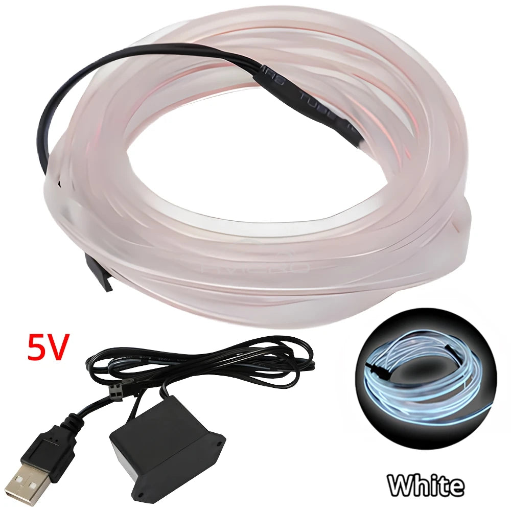 Car Interior LED Strip Light 1/2/3/5M – Flexible Neon Rope USB & 12V Ambient Door Dashboard Lighting