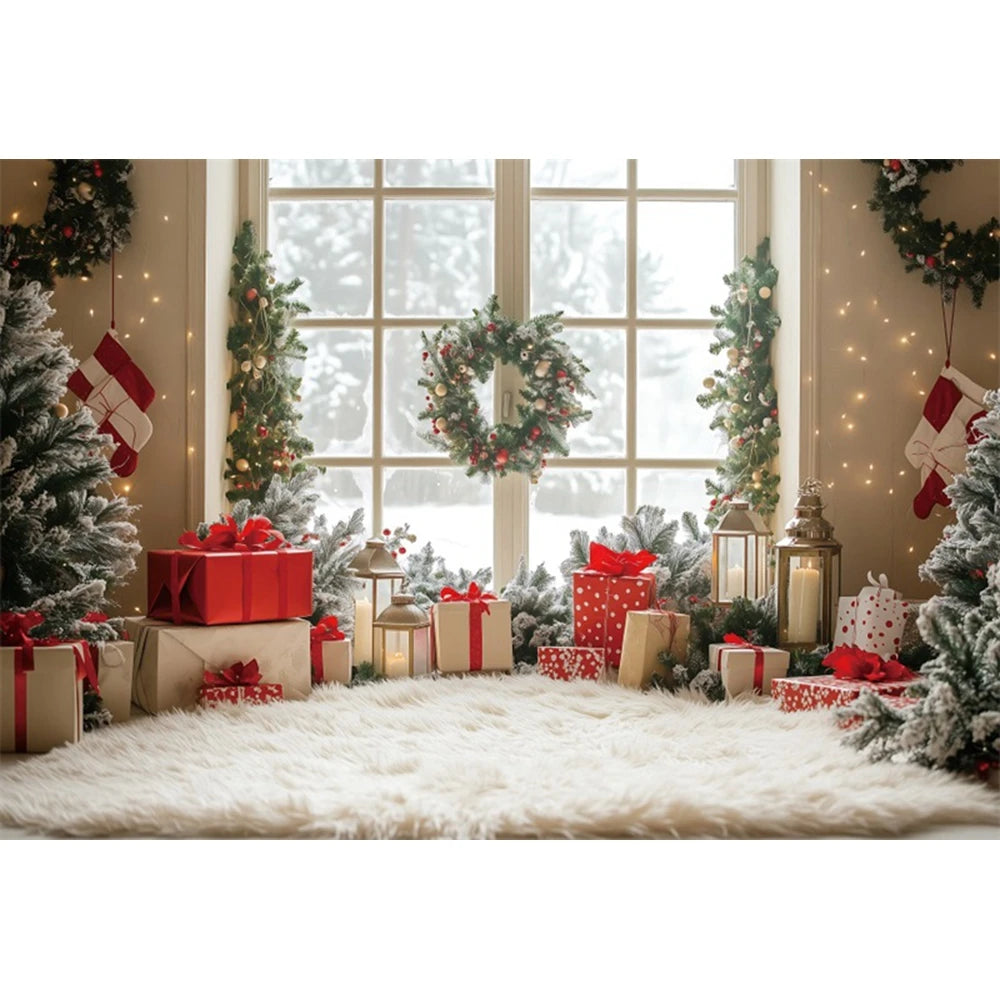 Christmas Fireplace Photography Backdrop — Gingerbread House & Wooden Window Holiday Photo Background for Kids & Family