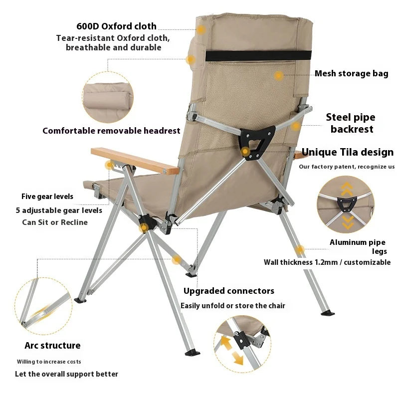 5-Position Angle Adjustable Aluminum Alloy Folding Camping Chair Portable Reclining Outdoor Lounge