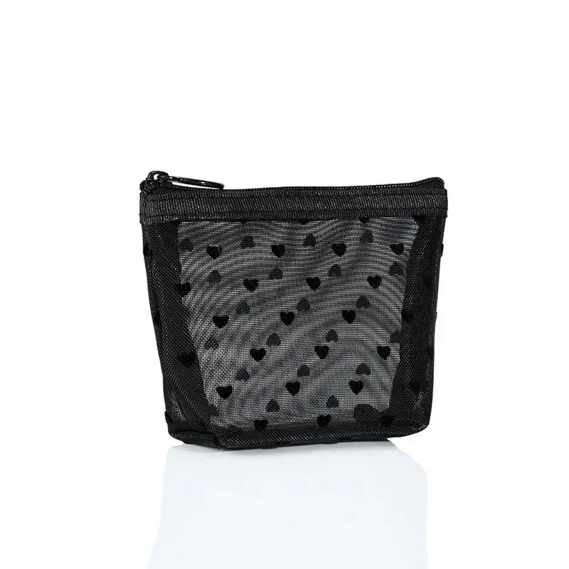 Heart-Shaped Mesh Cosmetic Bag - Zipper Toiletry Makeup Pouch for Women, Coin & Lipstick Organizer