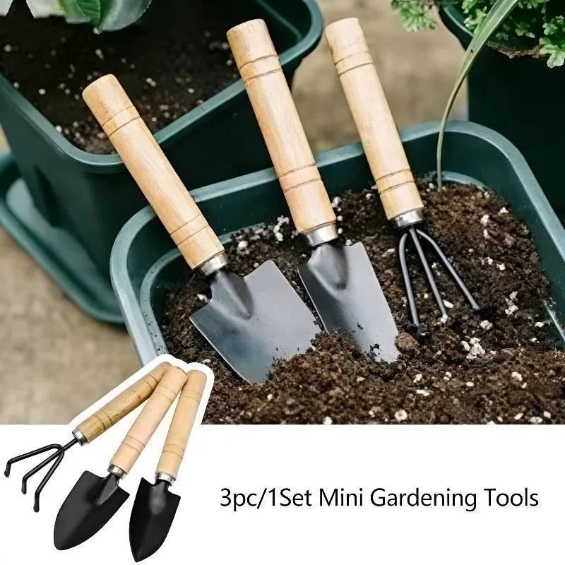 3-Piece Mini Gardening Tools Set - Portable Trowel, Rake and Harrow with Wooden Handles for Indoor Plants and Soil Loosening
