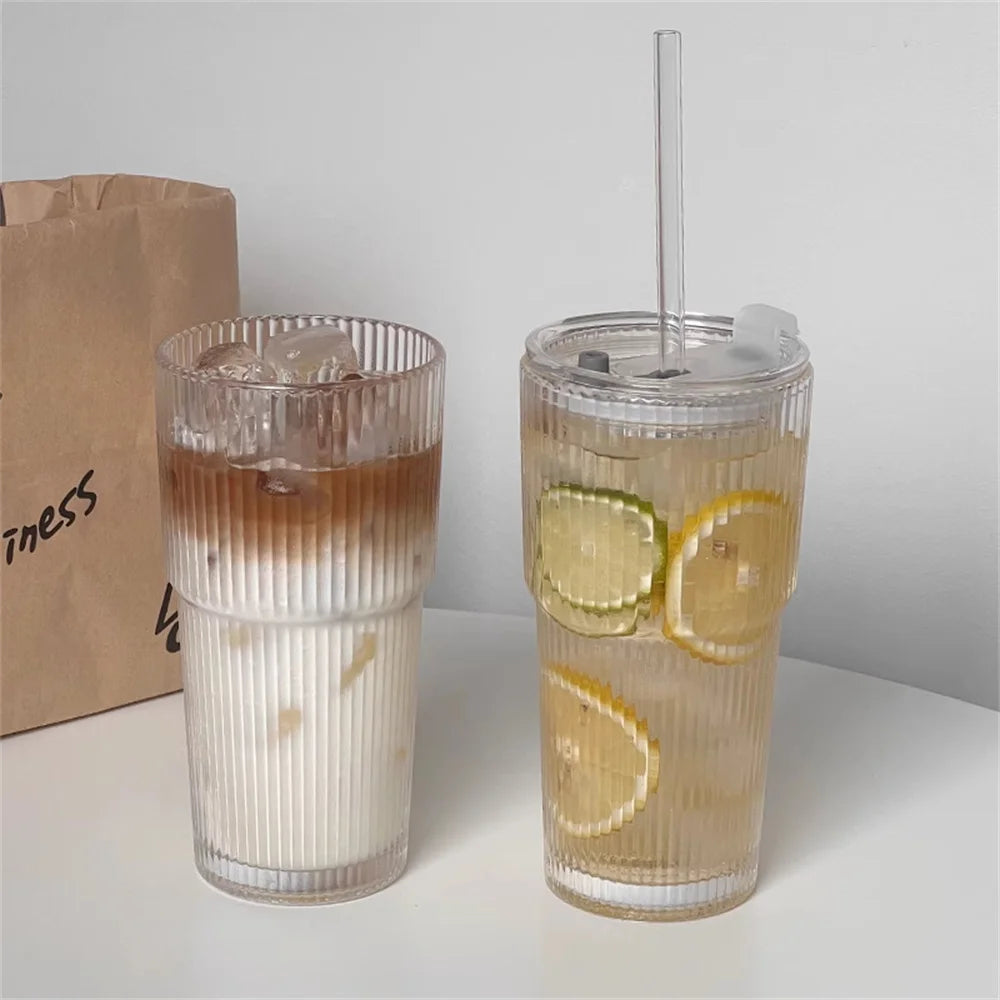 600ml (20 oz) Striped Glass Tumbler with Lid & Straw - Clear Drinking Cup for Juice, Water & Iced Coffee (Single or 2-Pack)