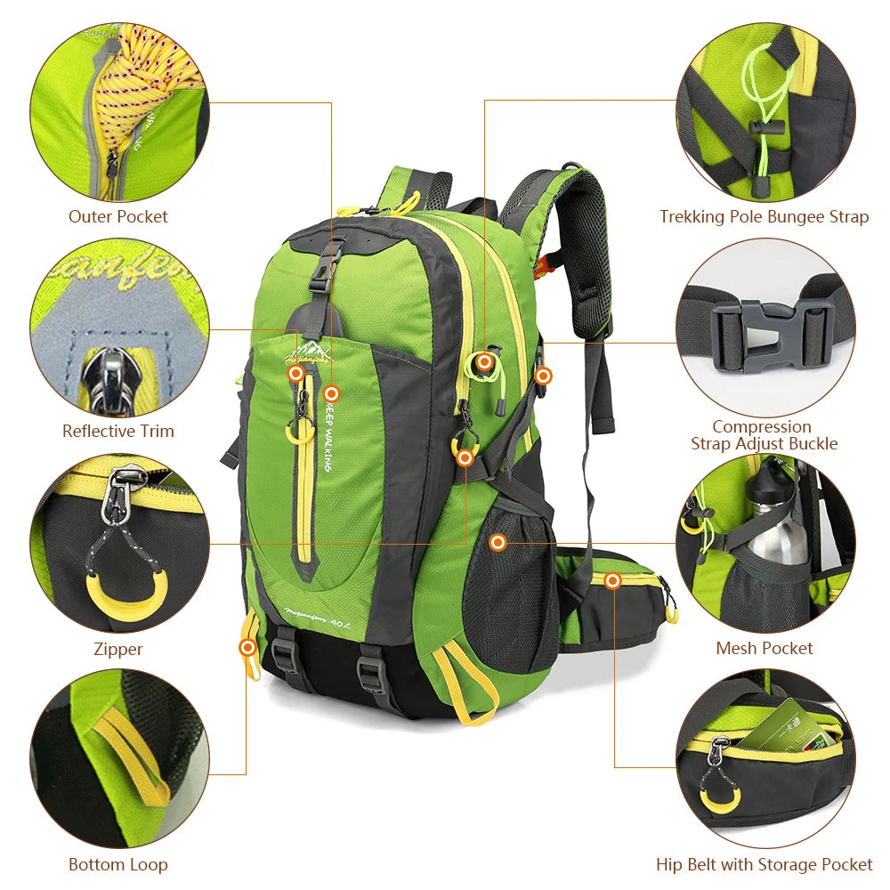 40L Water-Resistant Travel Backpack - Unisex Hiking & Camping Daypack for Men & Women