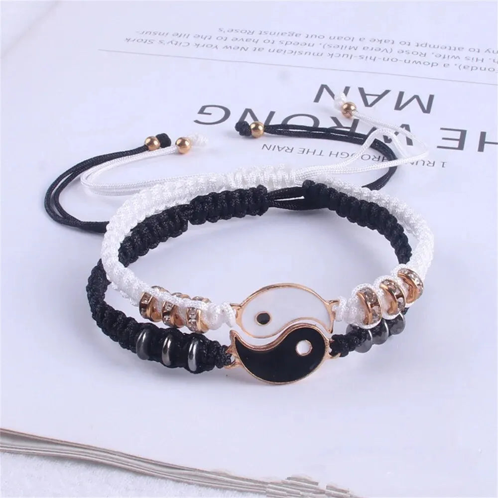 2-Piece Couples Tai Chi Bracelet Set Black & White Adjustable Rope Chain for Daily Wear