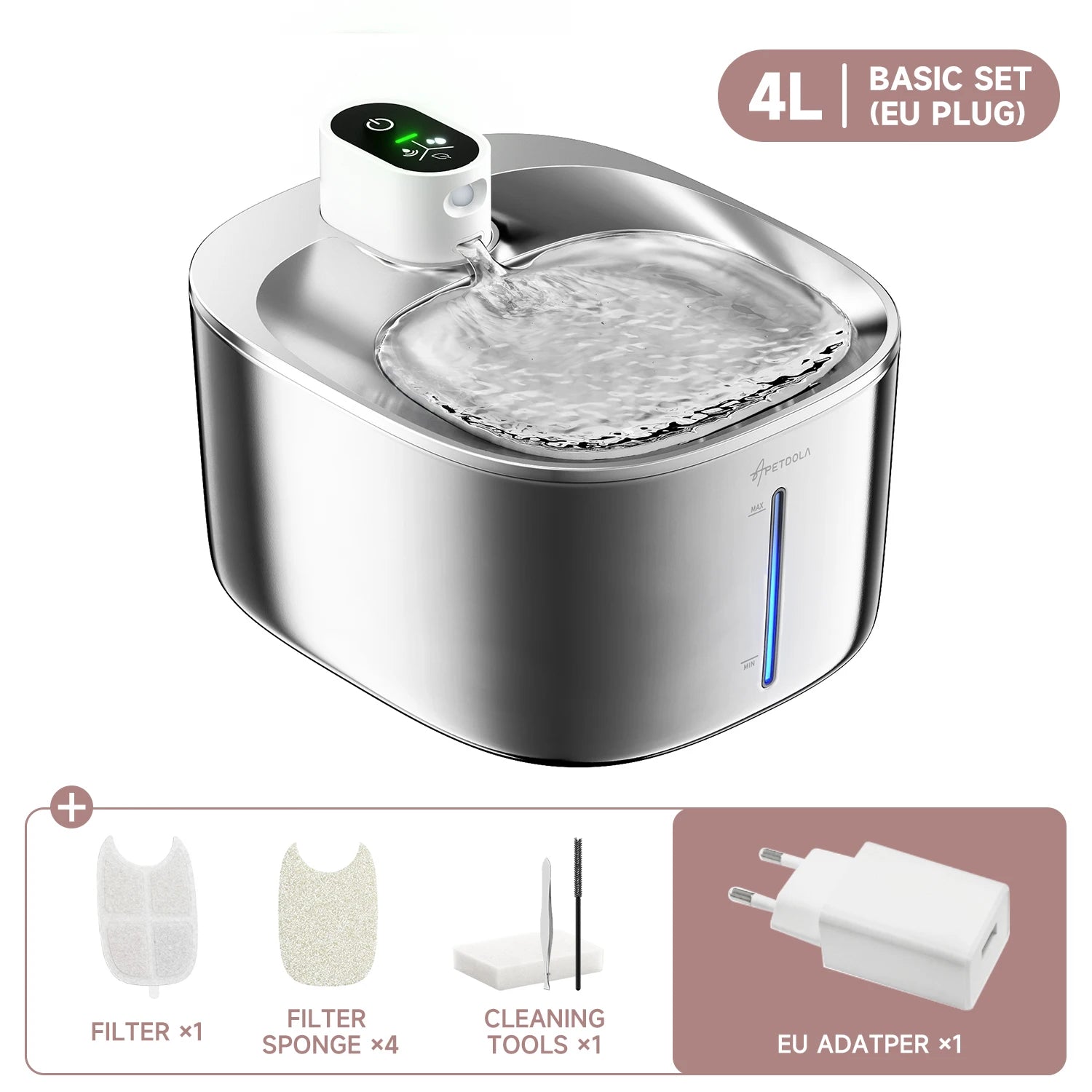 Wireless 4L (135 fl oz) Cat & Dog Water Fountain — USB-C Rechargeable Auto-Sensor Stainless Steel Pet Water Dispenser