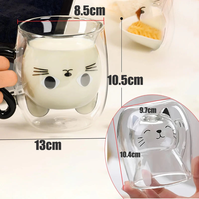 Cute Cat Double-Wall Insulated Glass Coffee Mug with Handle, Cartoon Couple Teacup for Home & Office