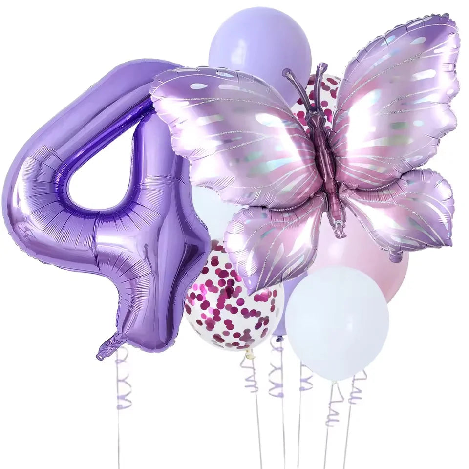 10-Pack Purple Butterfly & Number Foil Balloon Set 32-inch (81 cm) Party Decorations for Baby Shower, Birthday, Wedding, Christmas