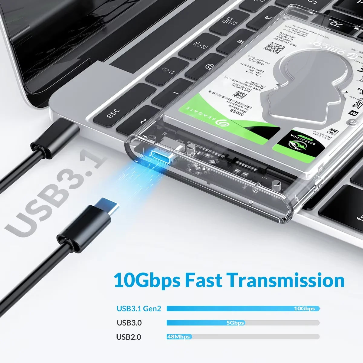 2.5-Inch SATA to USB3.0 Type-C HDD Enclosure — Tool-Free External Hard Drive Case (Up to 6TB, UASP)