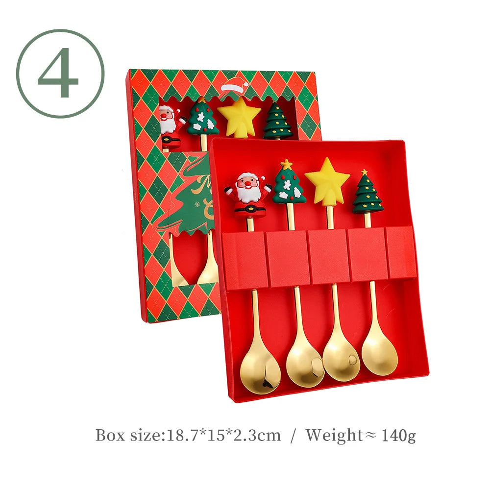 4-Piece Stainless Steel Christmas Cutlery Set – Spoon & Fork Holiday Table Decor with Elk & Tree Ornaments