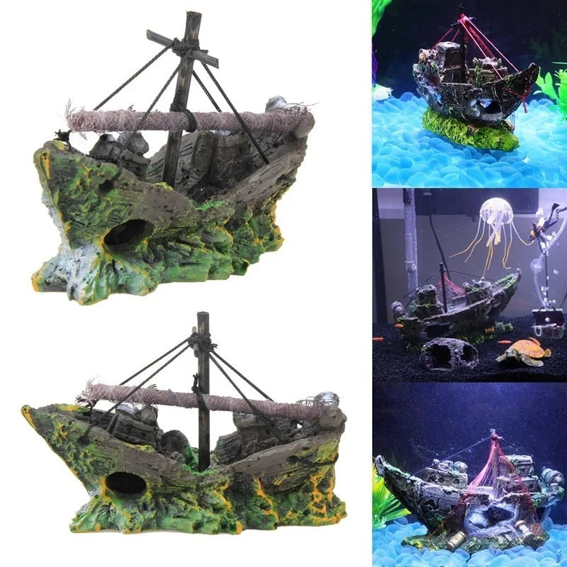 Pirate Ship Wreck Aquarium Decoration Resin Boat Ornament for Fish Tank — 5.1 x 2.0 x 4.3 in (13 x 5 x 11 cm)