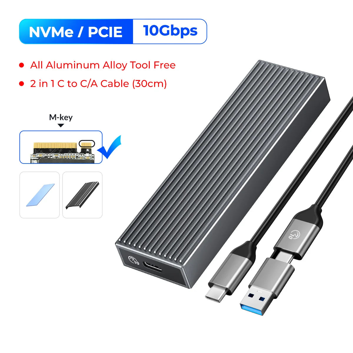 M.2 NVMe & SATA SSD Enclosure USB-C — Supports 2230/2242/2260/2280 | USB 3.2 Gen2 10Gbps / Gen2x2 20Gbps