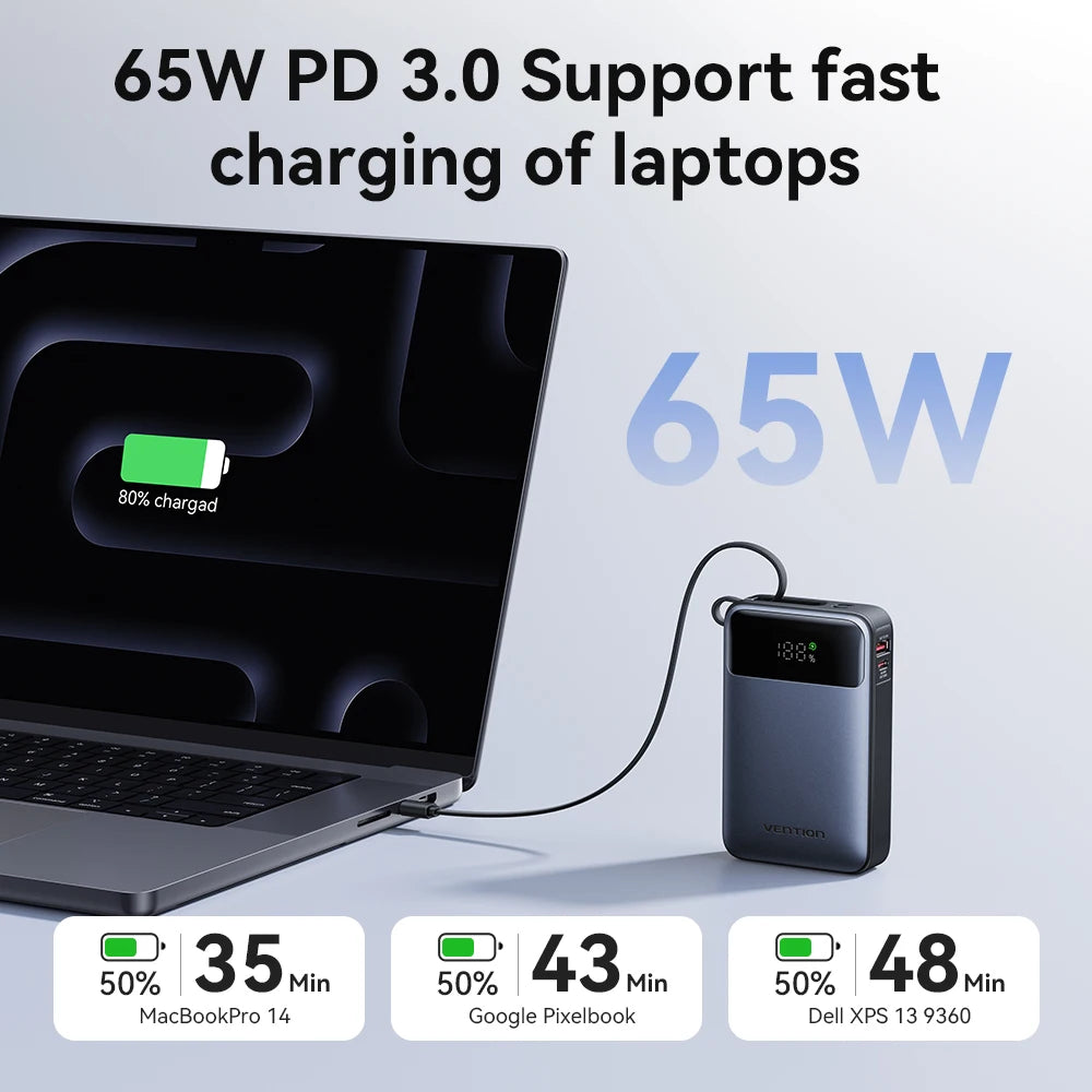 65W PD 20000mAh Portable Power Bank with Built-In USB-C Cable — Fast Charging for Laptops, iPhone & Tablets