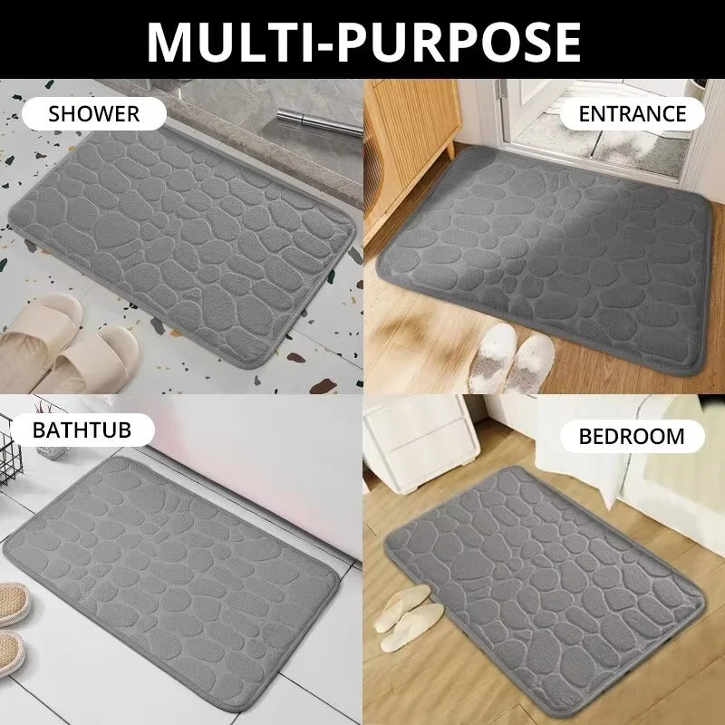 Memory Foam Embossed Velvet Bath Rug – Non-Slip Cobblestone Floor Mat for Bathroom & Living Room (1-Pack)
