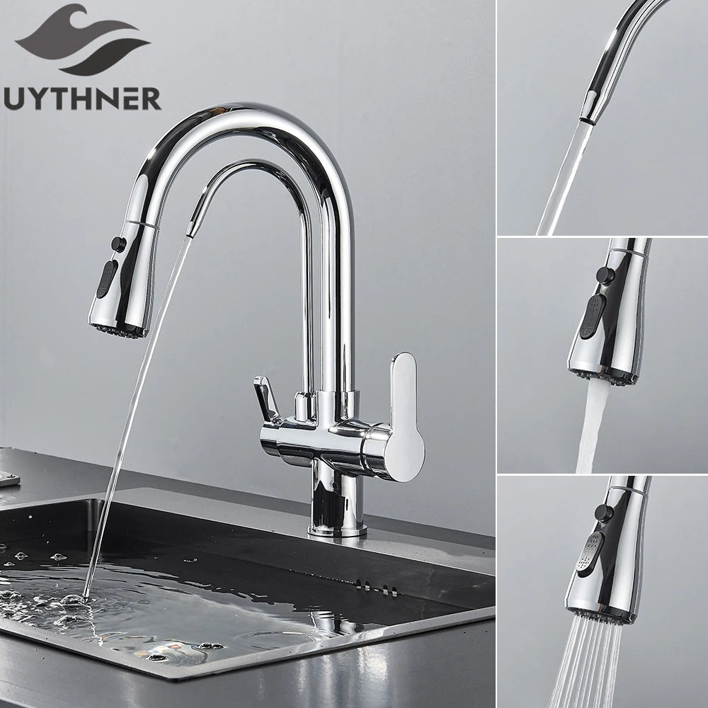 Brass Kitchen Water Filter Faucet Dual-Spout Mixer – 360° Swivel Filtered Drinking Tap, Hot & Cold