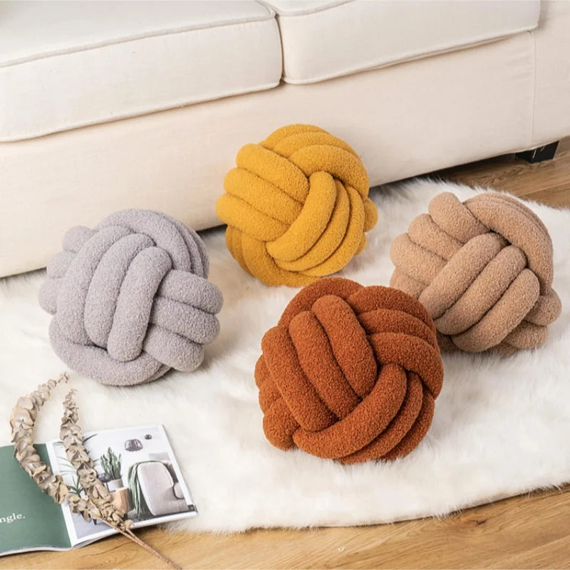 Aesthetic Knotted Ball Plush Cushion - Nordic Round Throw Pillow for Sofa & Bed, 22/28 cm (8.7/11 in)