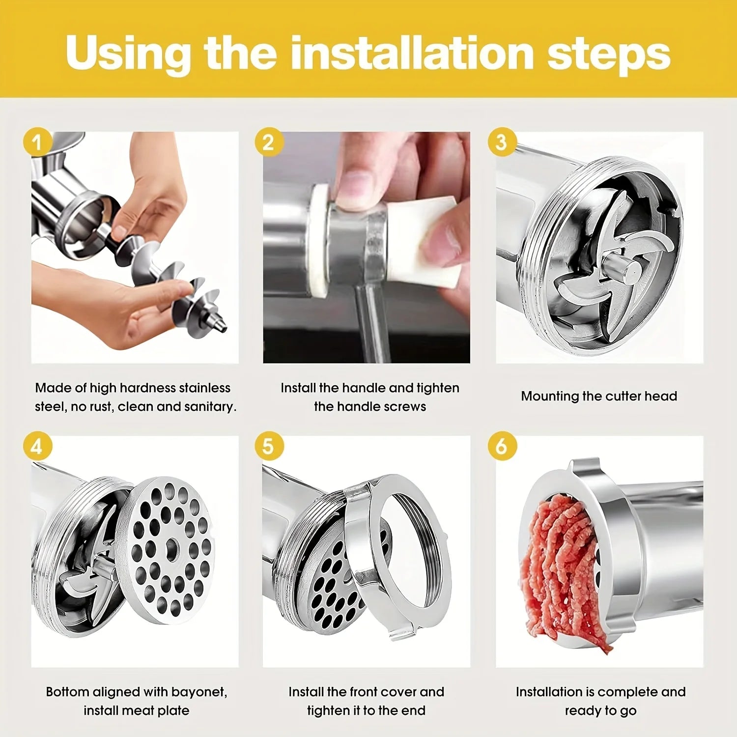 Manual Stainless Steel Meat Grinder Hand Crank with Table Clamp - Multipurpose Food Processor for Meat, Vegetables & Sausage Stuffer
